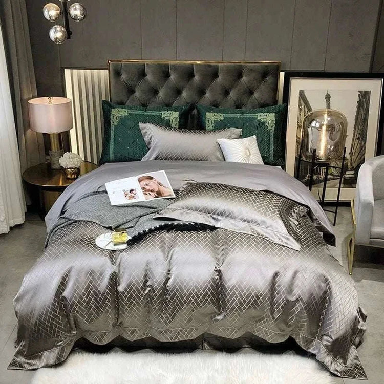 Luxury black and gold yarn-dyed jacquard Egyptian cotton bedding set in a stylish bedroom setting
