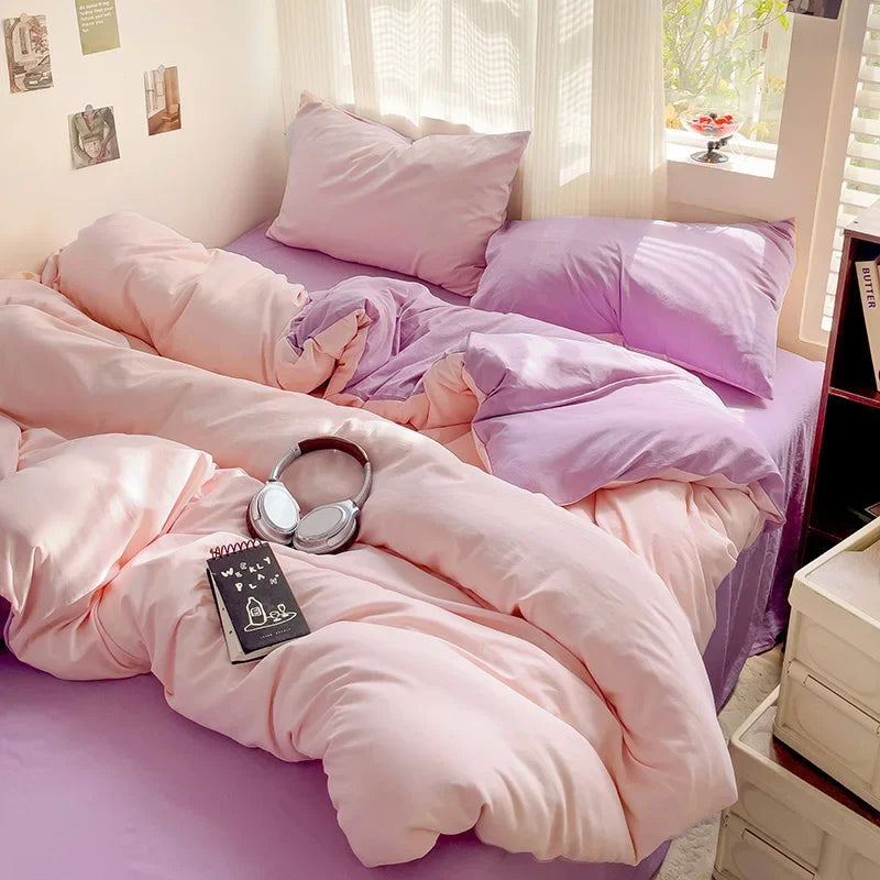 Solid Bed Linen Cotton Bedding Set 4pcs with Sheet Duvet Cover, Pillowcases.