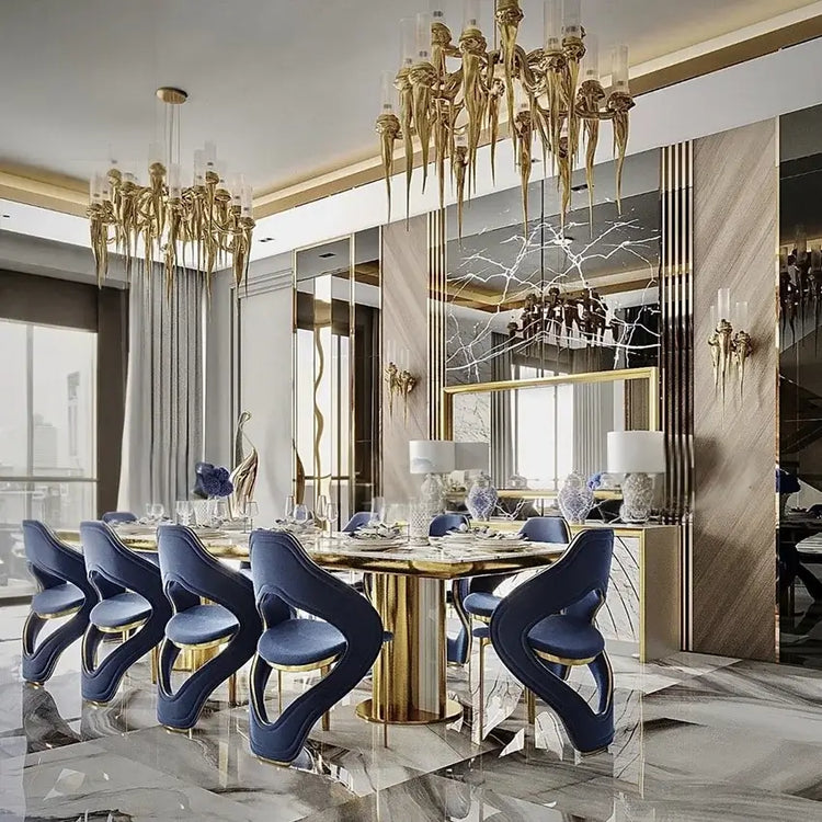 High End Modern Luxury Dining Table Marble Top Golden Stainless Steel Dinning Table Set for Kitchen Hotel Villa interior design.