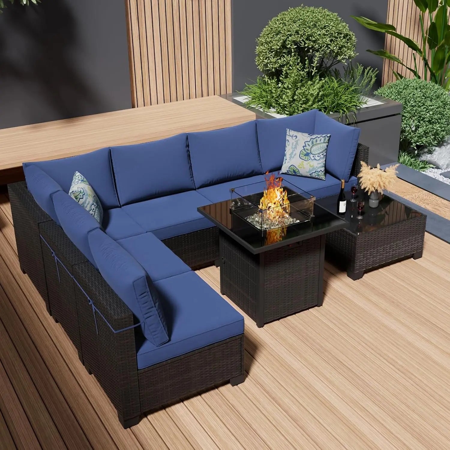 8 Pcs Patio Furniture Set with Fire Pit Table