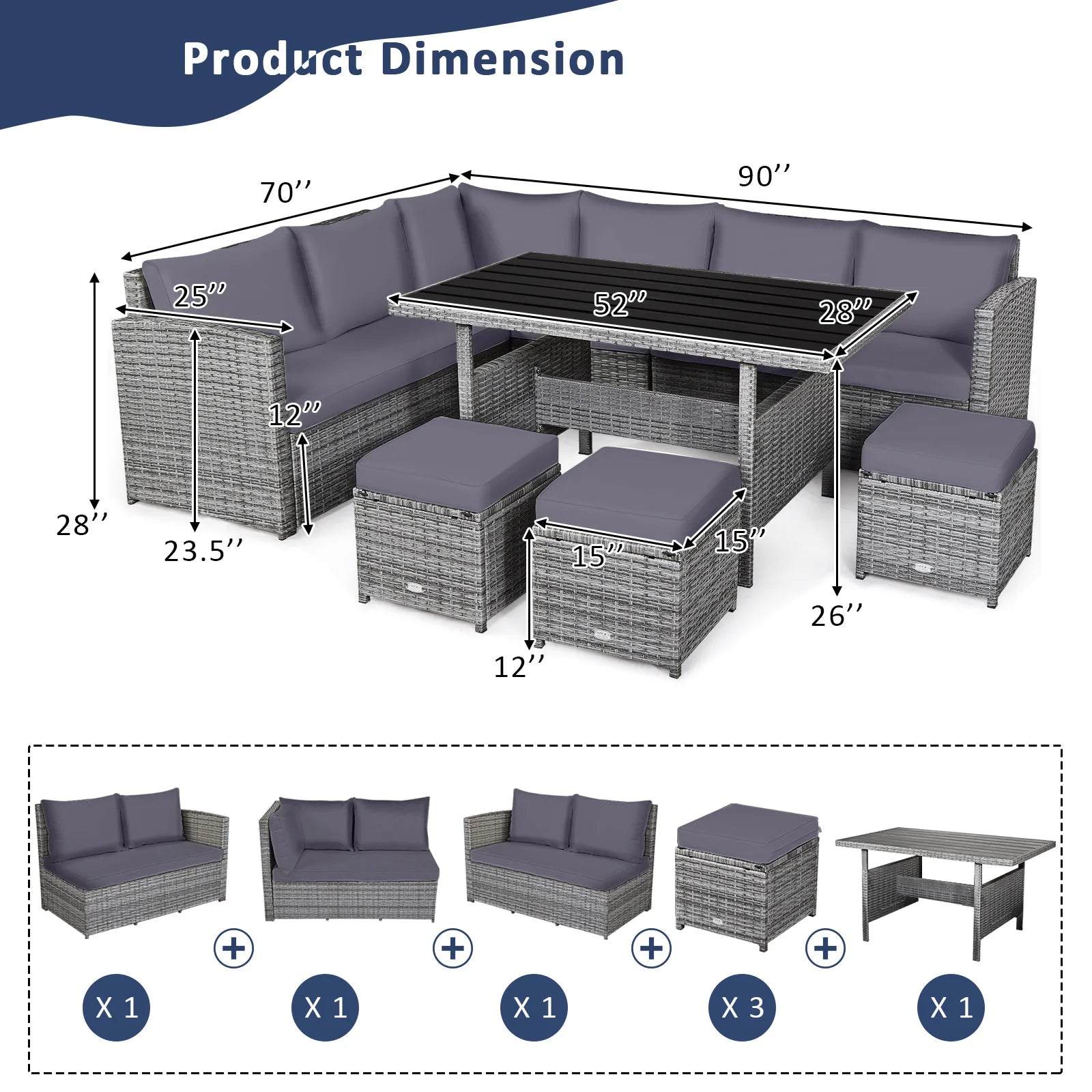 7 PCS Patio Rattan Dining Set Sectional