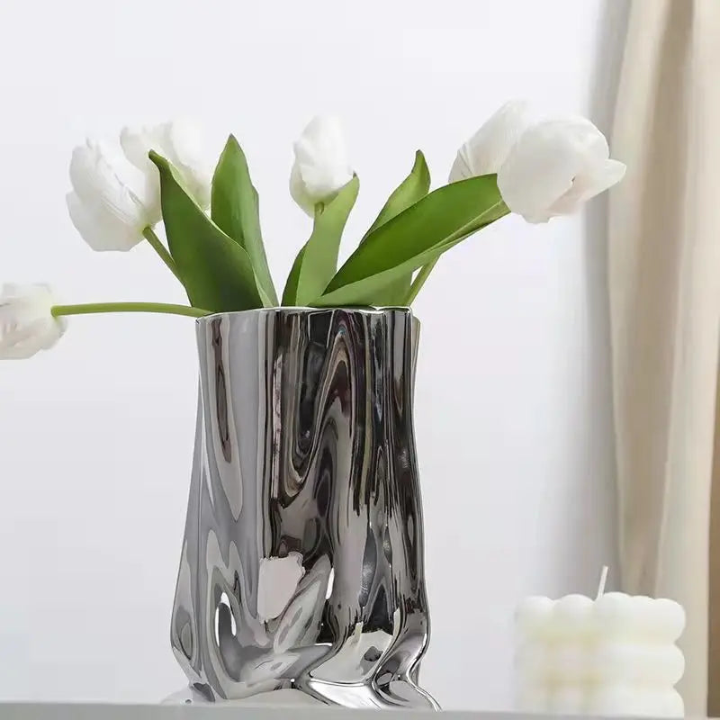 Silver Ruffled Flower Vase Porcelain Ceramic
