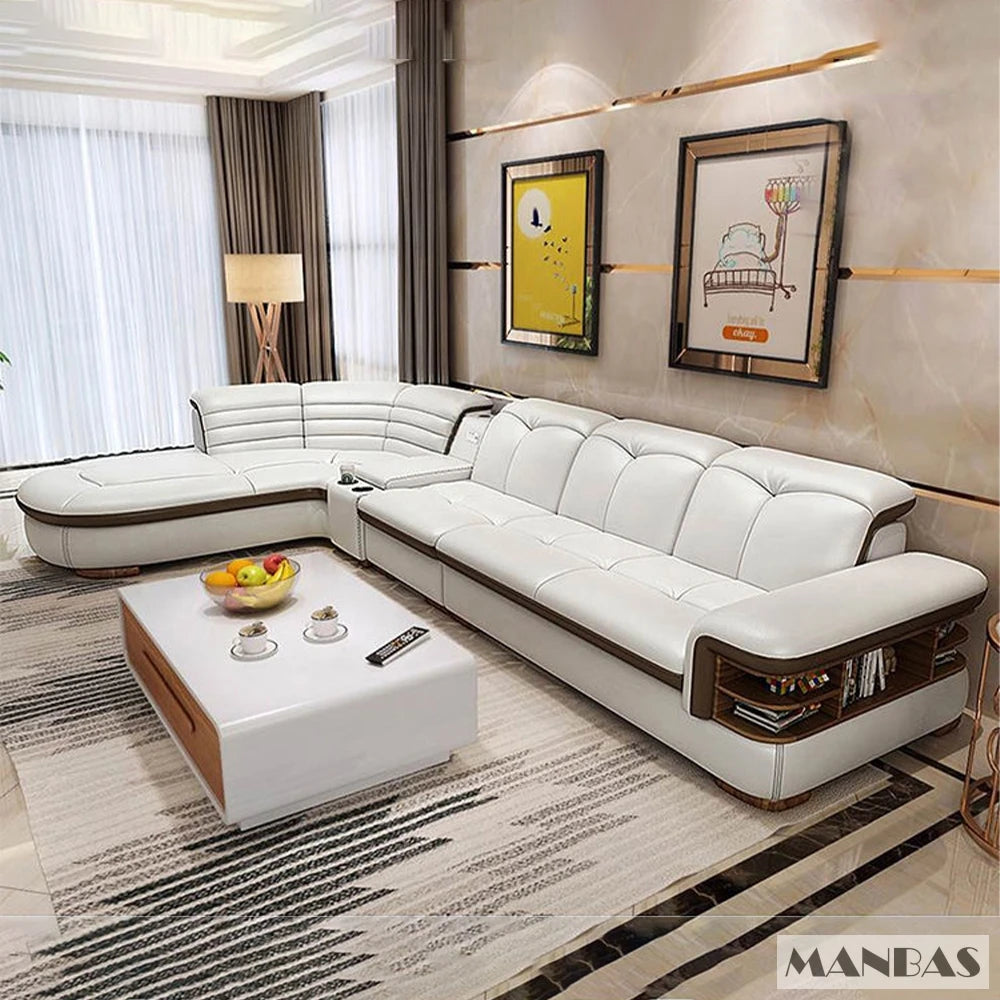 Luxury L-Shaped Genuine Leather Sectional Sofa Sets with USB, Bluetooth Speaker
