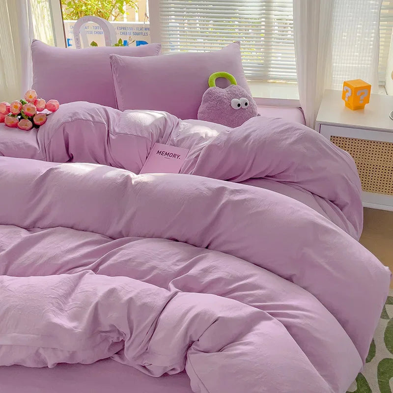 Solid Bed Linen Cotton Bedding Set 4pcs with Sheet Duvet Cover, Pillowcases.