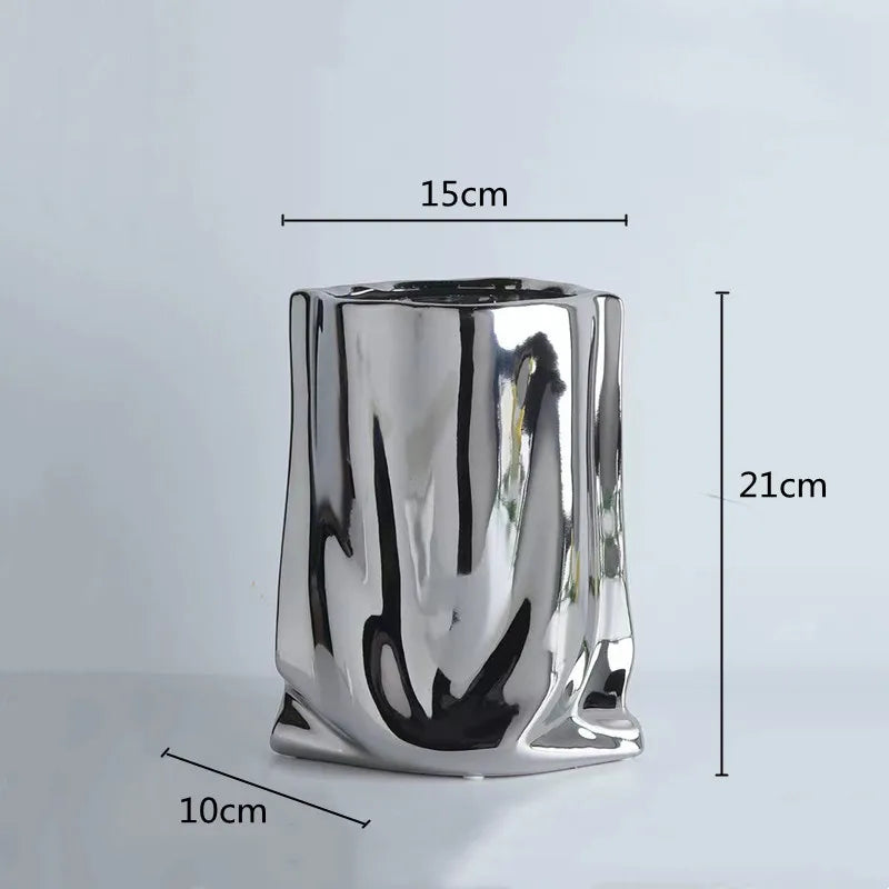 Silver Ruffled Flower Vase Porcelain Ceramic