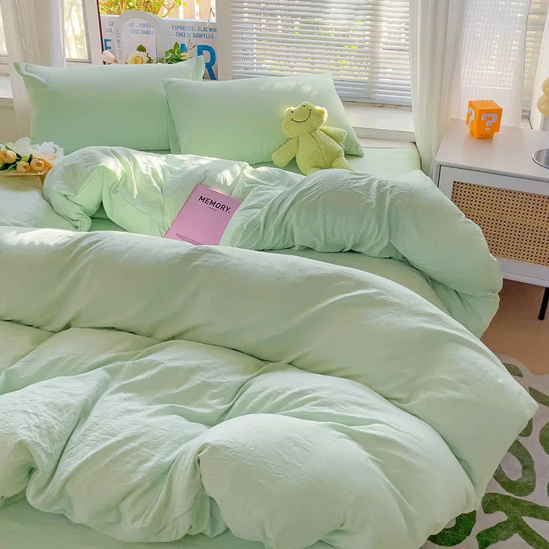 Solid Bed Linen Cotton Bedding Set 4pcs with Sheet Duvet Cover, Pillowcases.