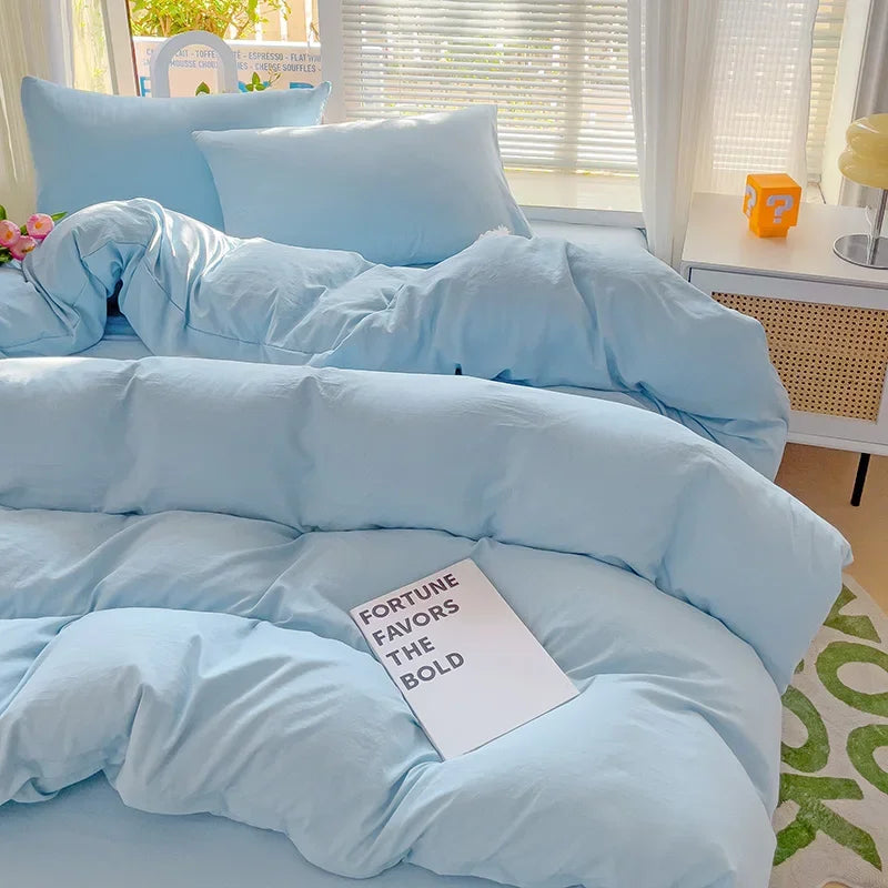 Solid Bed Linen Cotton Bedding Set 4pcs with Sheet Duvet Cover, Pillowcases.