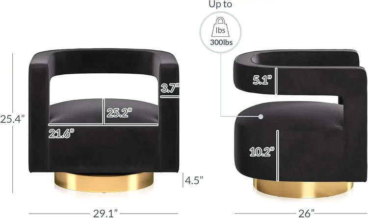 Black dumbbells with gold bases and measurements on a white background