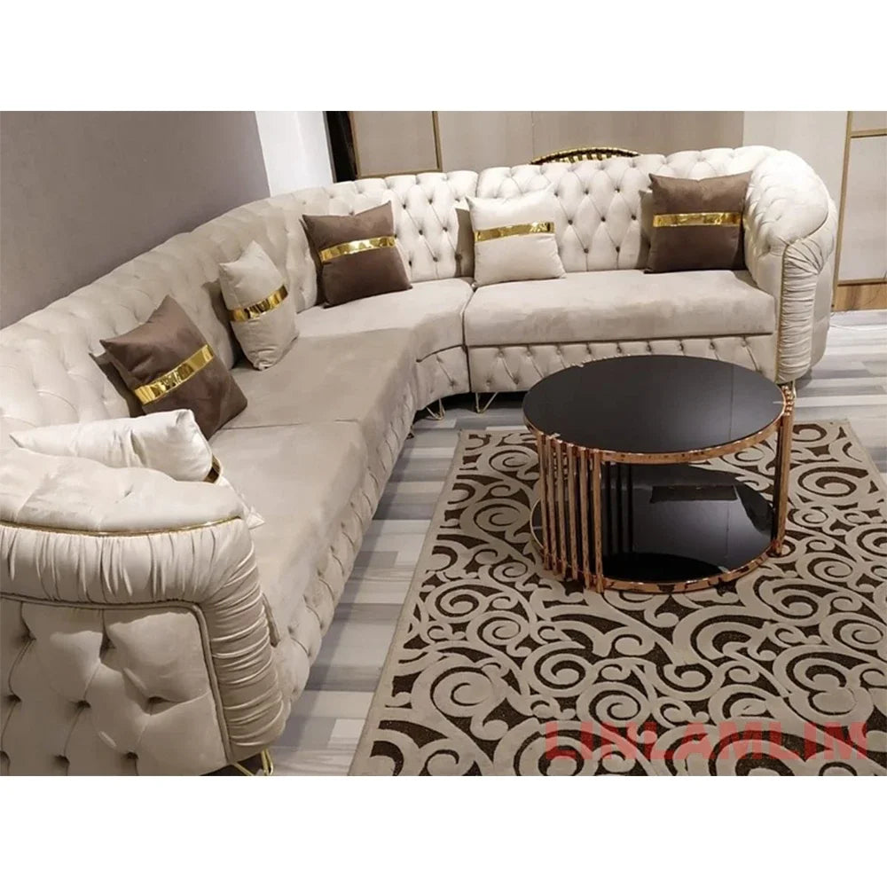 Luxury Chesterfield Sectional Sofa Set with Cloth Buttons and Fabric Modular Couch with Gold Stainless Steel Base, 3-seater Sofa