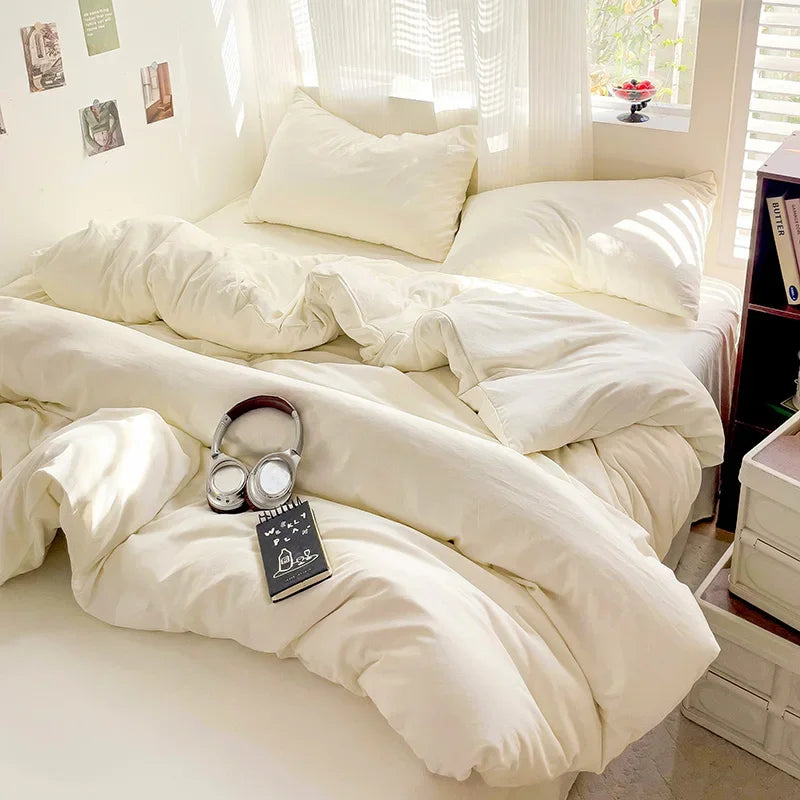 Solid Bed Linen Cotton Bedding Set 4pcs with Sheet Duvet Cover, Pillowcases.
