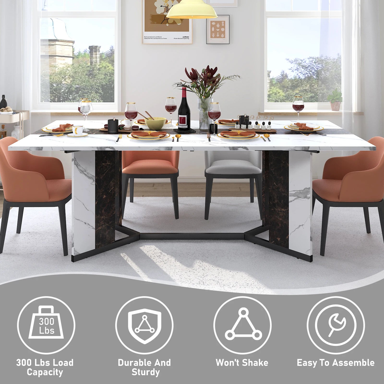 71In Large Rectangular White Dining Table for 4 5 6 8 10 People, Family Dinner Table w/Marble Color
