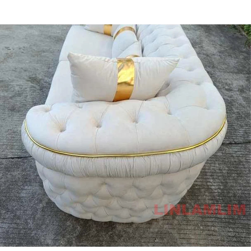 Luxury Chesterfield Sectional Sofa Set with Cloth Buttons and Fabric Modular Couch with Gold Stainless Steel Base, 3-seater Sofa