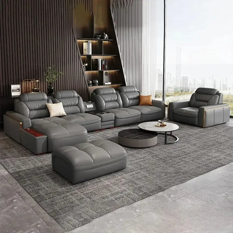 Premium Italian genuine leather sectional sofa with USB and Bluetooth in a modern living room setting.