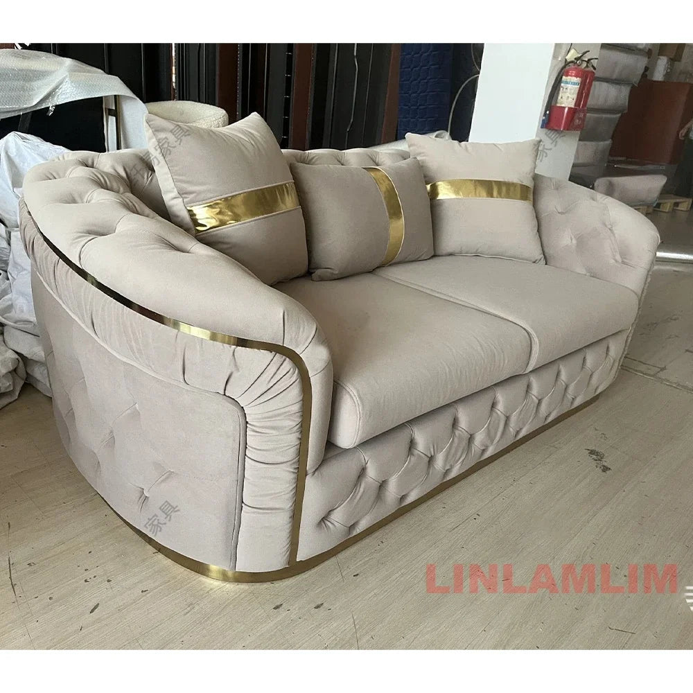 Luxury Chesterfield Sectional Sofa Set with Cloth Buttons and Fabric Modular Couch with Gold Stainless Steel Base, 3-seater Sofa