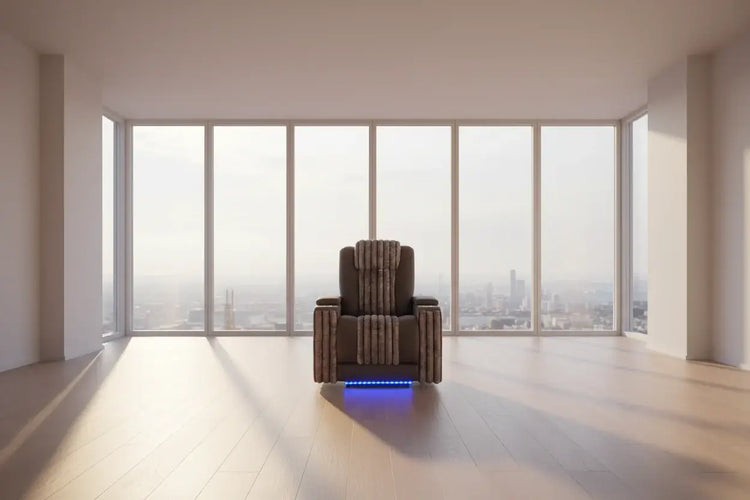 power reclining sofa set with LED lights in modern room with large windows.