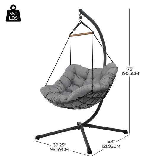 Gray hanging chair with dimensions and weight capacity on a white background