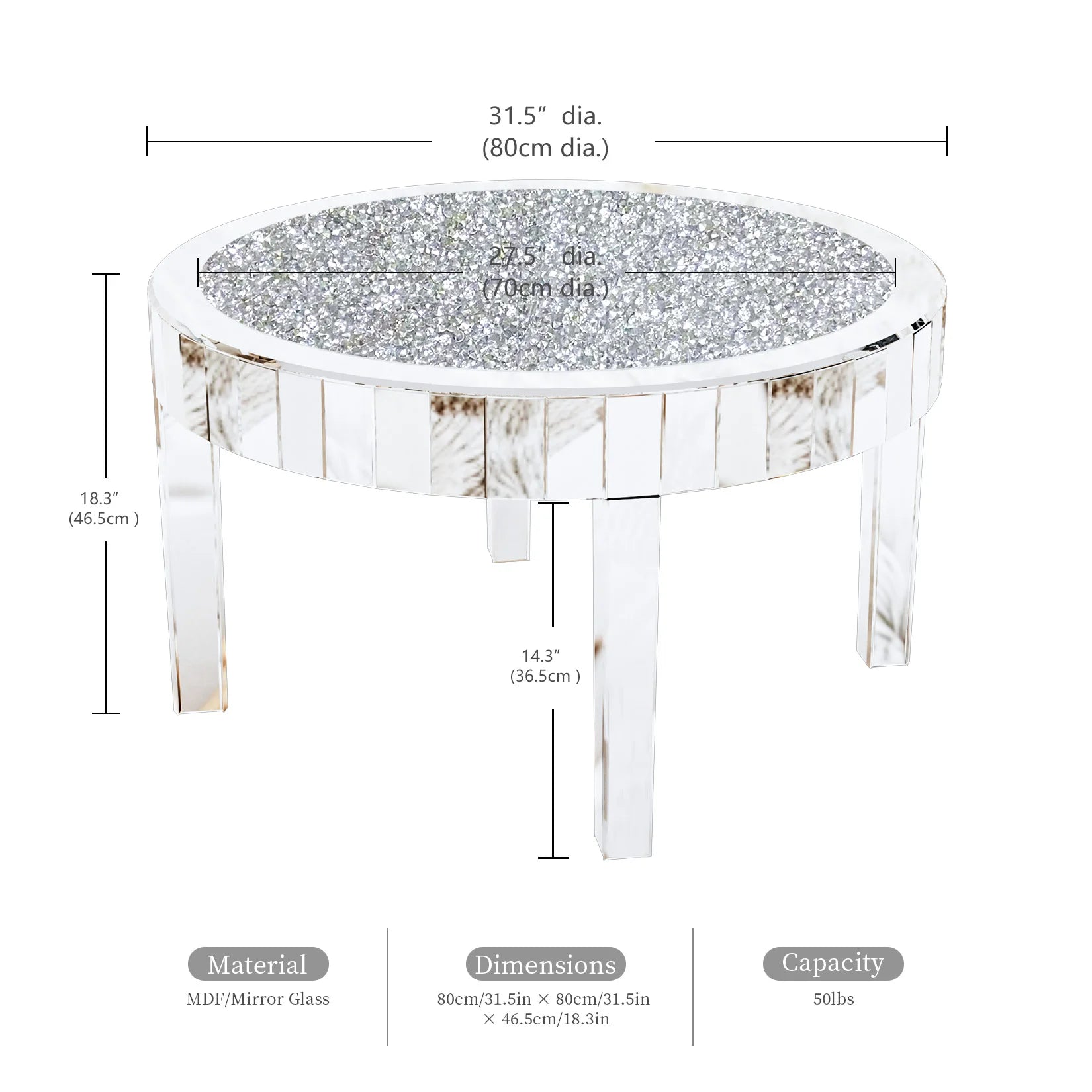 Mirrored Coffee Table with Crystal Inlay, 31.5'' Mirror Surface, Silver Accent
