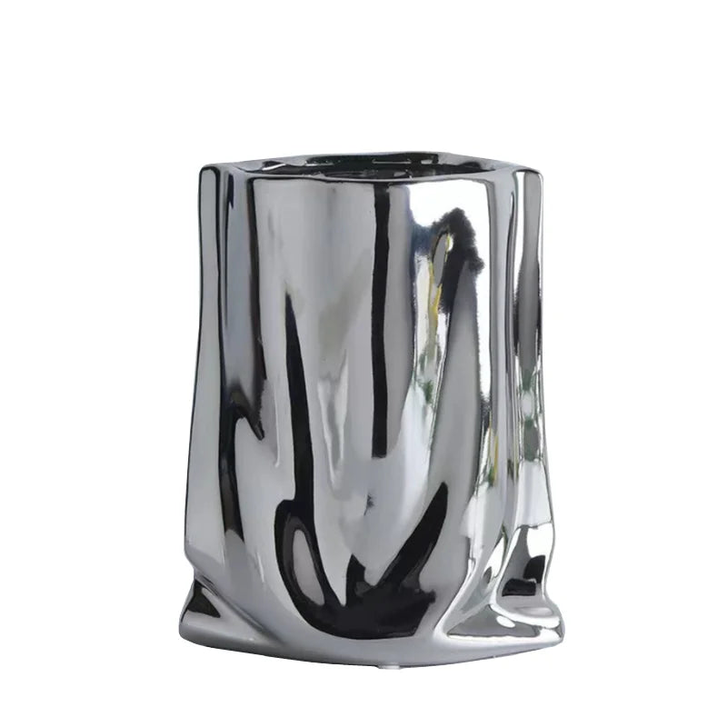 Silver Ruffled Flower Vase Porcelain Ceramic