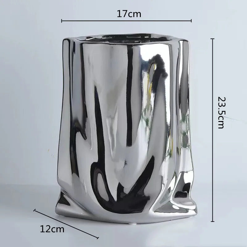 Silver Ruffled Flower Vase Porcelain Ceramic