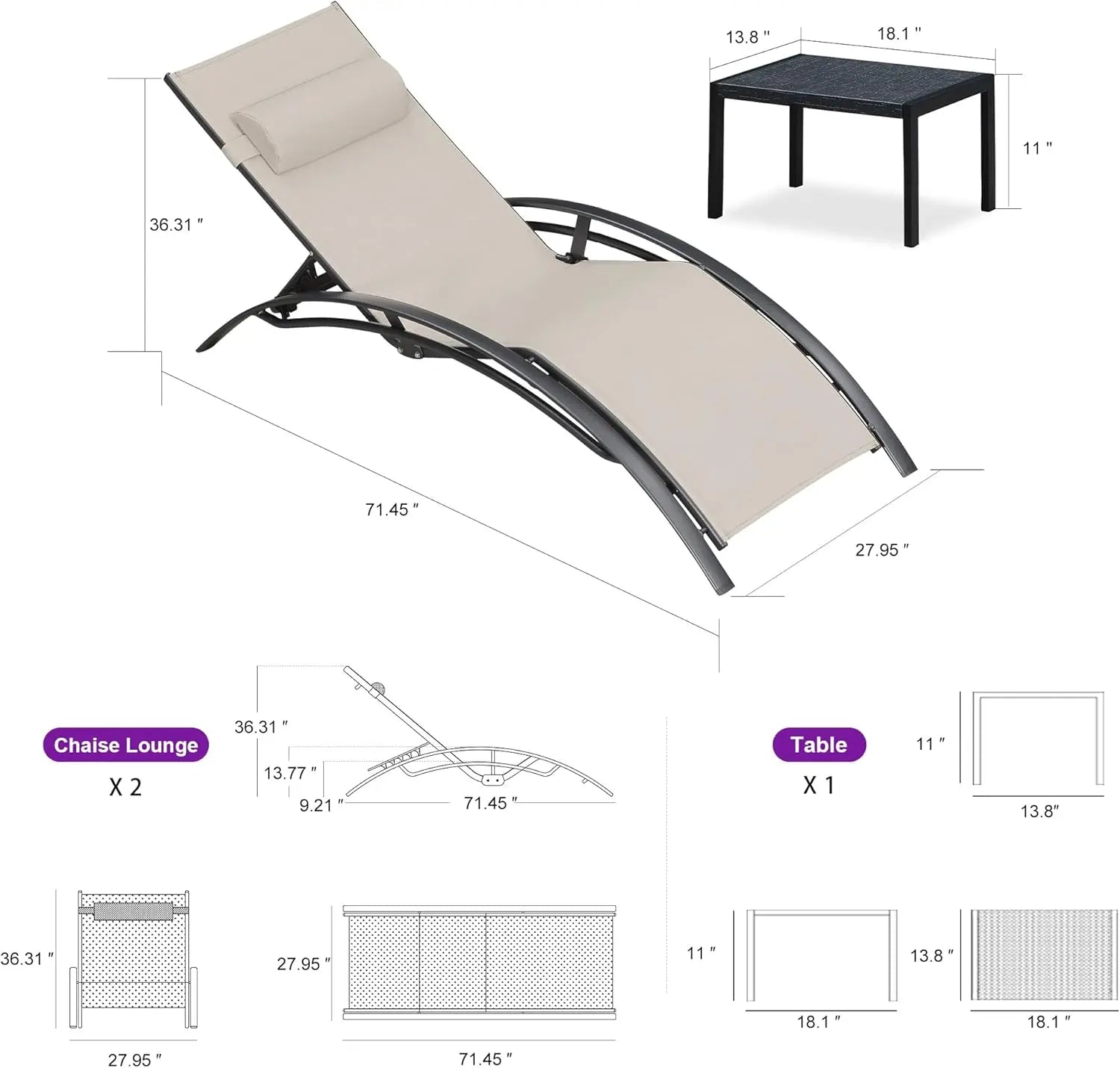 Patio Oversized Chaise Lounge Chair Set with Side Table Pool