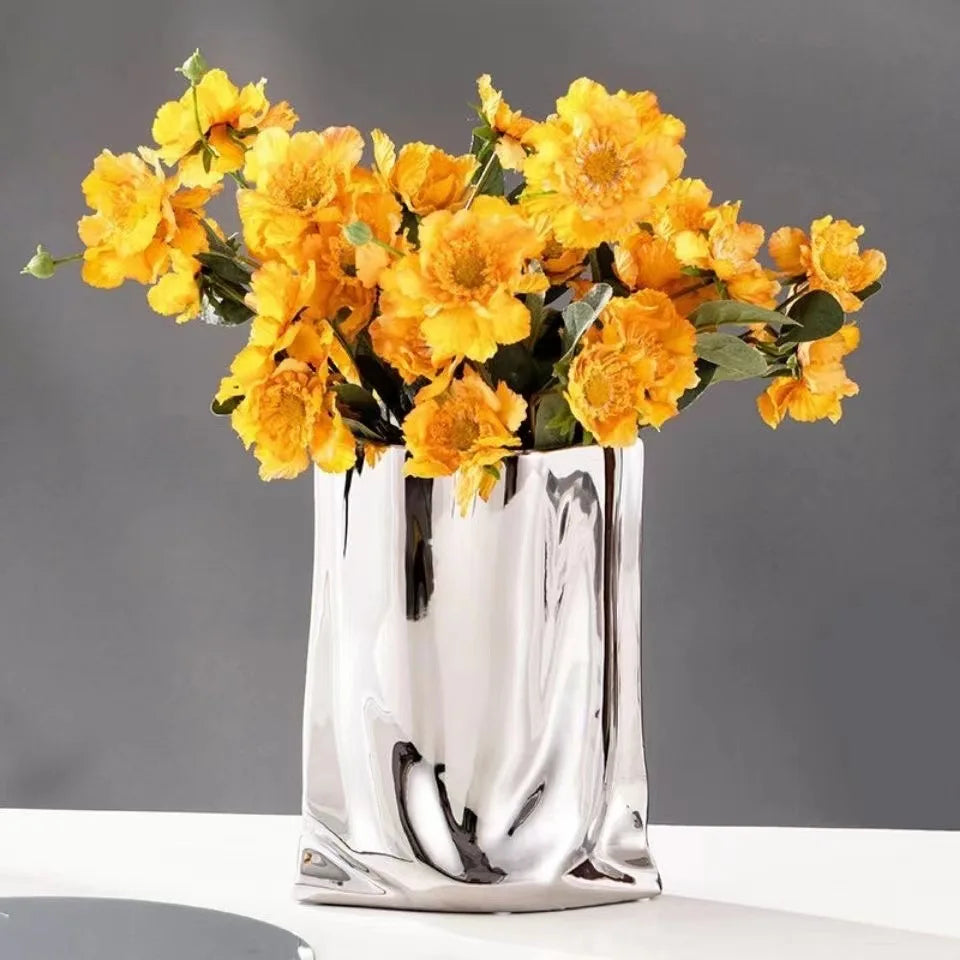 Silver Ruffled Flower Vase Porcelain Ceramic