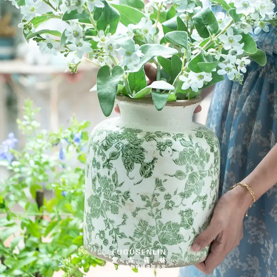 Vintage Forest Made Old Ice Cracking Glaze Green Leaf Pattern Vase Classical Ceramic Vase Decoration Water Culture Home Desktop