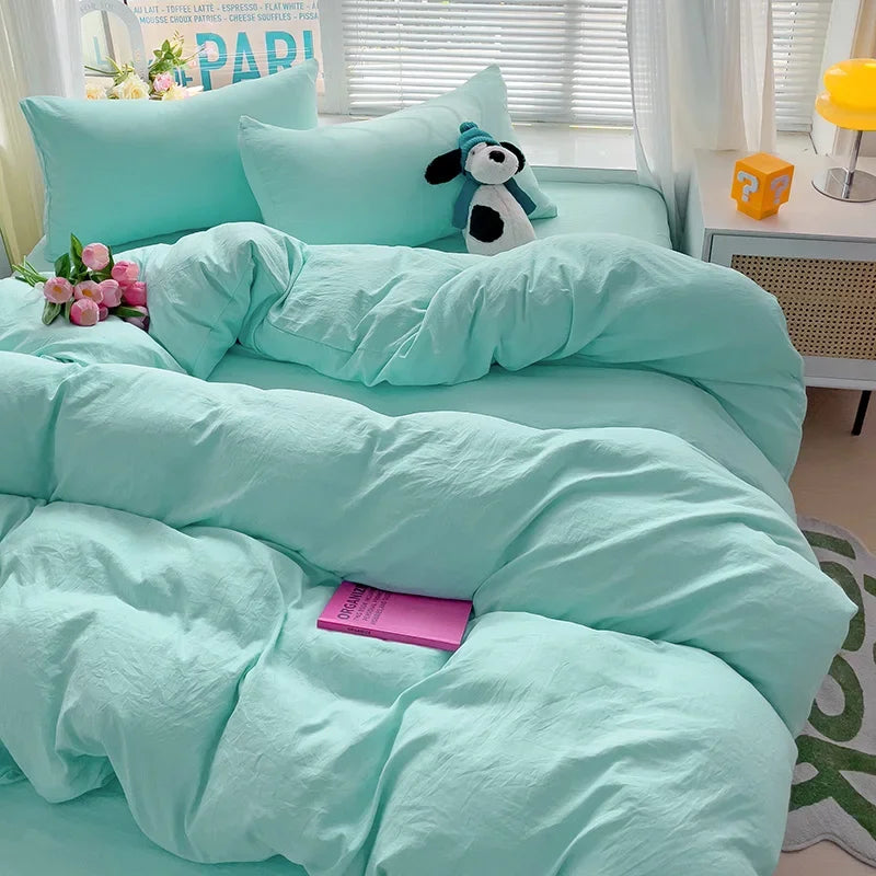 Solid Bed Linen Cotton Bedding Set 4pcs with Sheet Duvet Cover, Pillowcases.