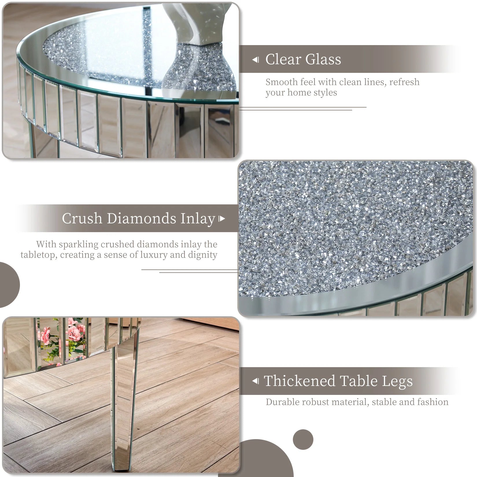 Mirrored Coffee Table with Crystal Inlay, 31.5'' Mirror Surface, Silver Accent
