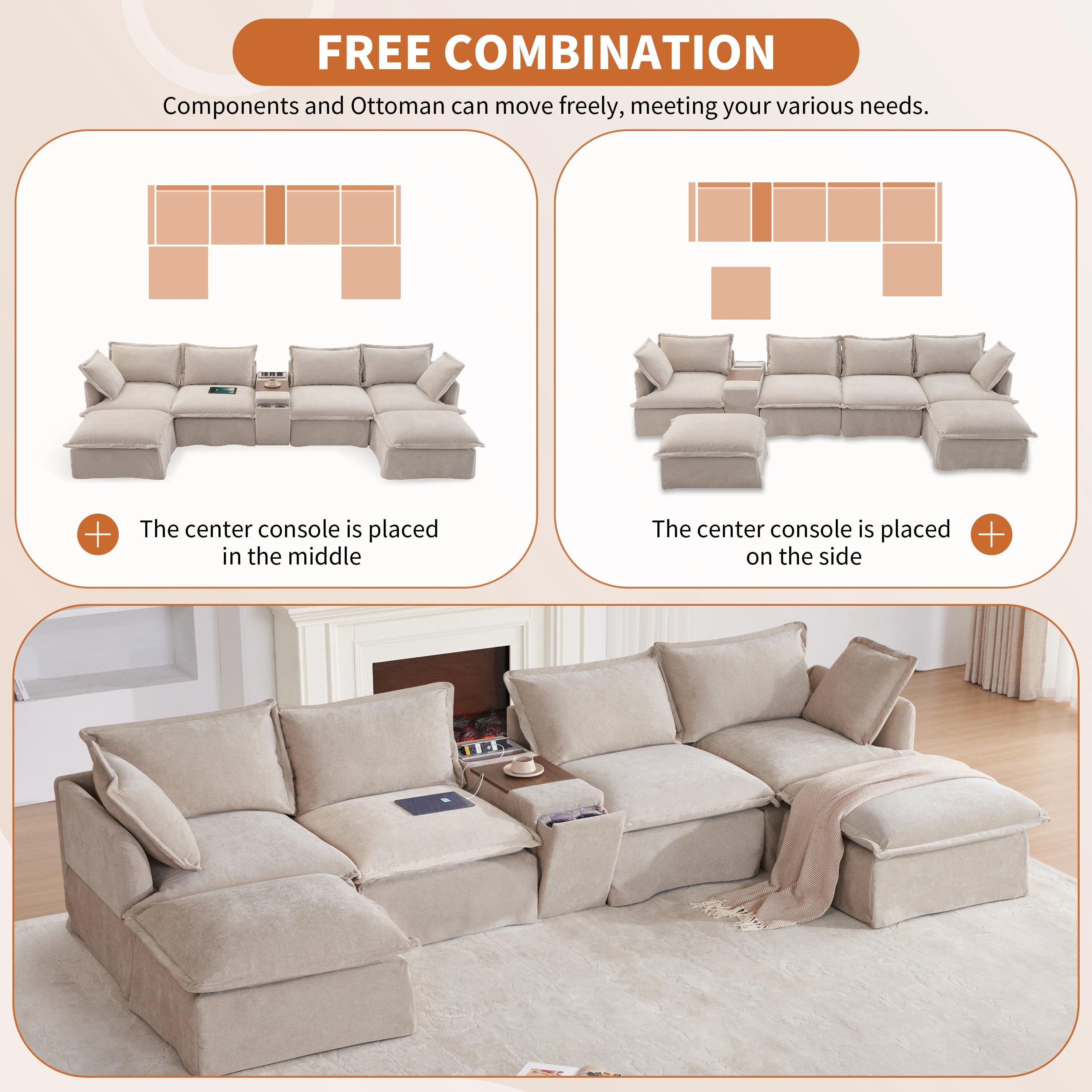 Modular Sectional Sofa with Movable Ottoman and Console,Cup Holder,Wide Seat,6 Seat U Shaped Couch,Oversized Chenille Sofa