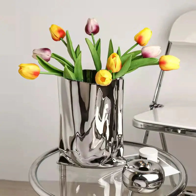 Silver Ruffled Flower Vase Porcelain Ceramic