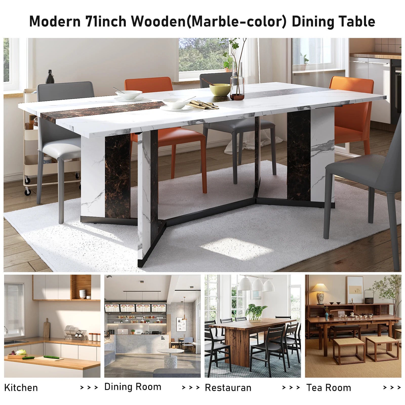 71In Large Rectangular White Dining Table for 4 5 6 8 10 People, Family Dinner Table w/Marble Color
