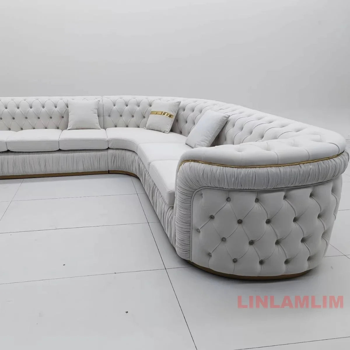 Luxury Chesterfield Sectional Sofa Set with Cloth Buttons and Fabric Modular Couch with Gold Stainless Steel Base, 3-seater Sofa