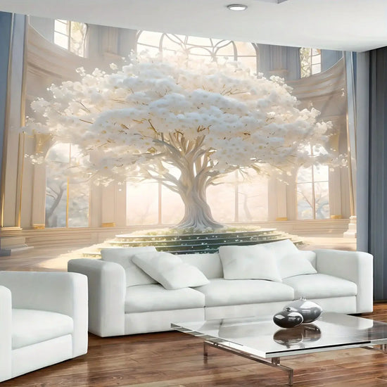 Large Romantic White Tree of Life Tapestry Anti Wrinkle and Fade Resistant Wall Hanging For Dormitory Elegant Home Decor