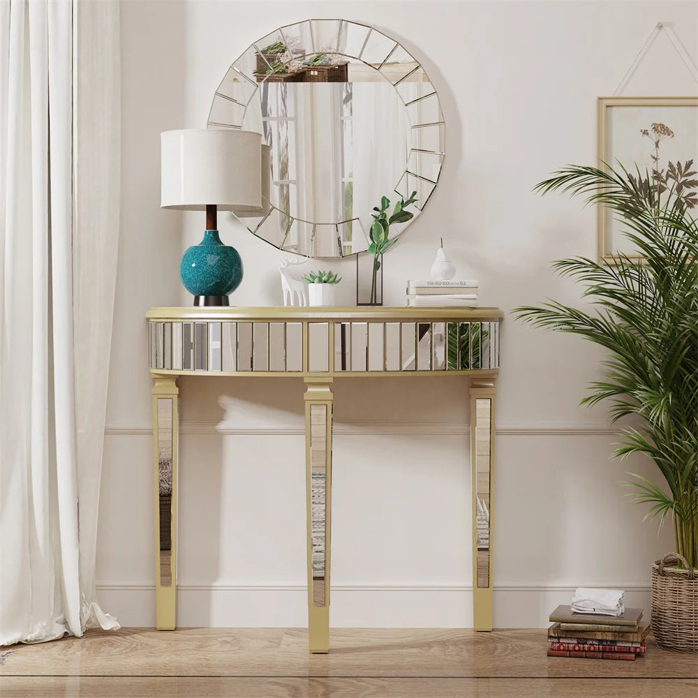LUVODI Half-Round Mirrored Glass Curved Entryway & Living Room Accent Desk