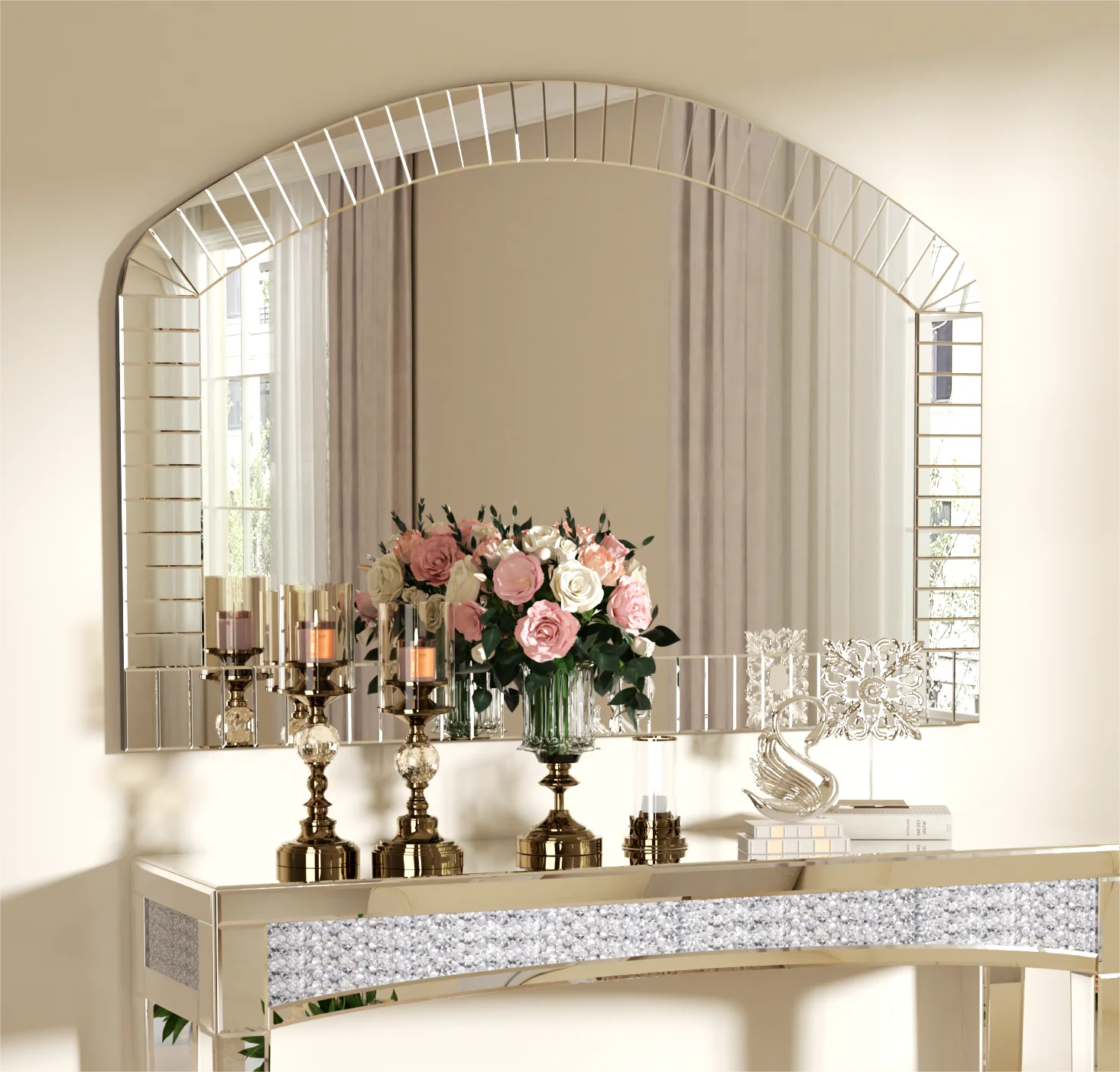 Large Silver Arched Wall Mirror - Decorative Venetian Accent with Beveled Edge