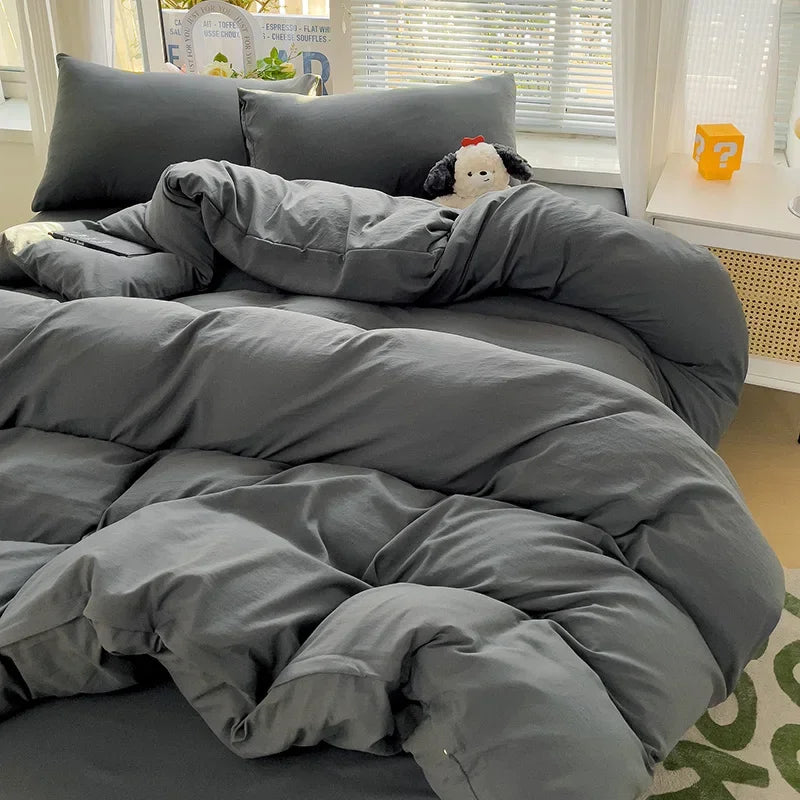 Solid Bed Linen Cotton Bedding Set 4pcs with Sheet Duvet Cover, Pillowcases.