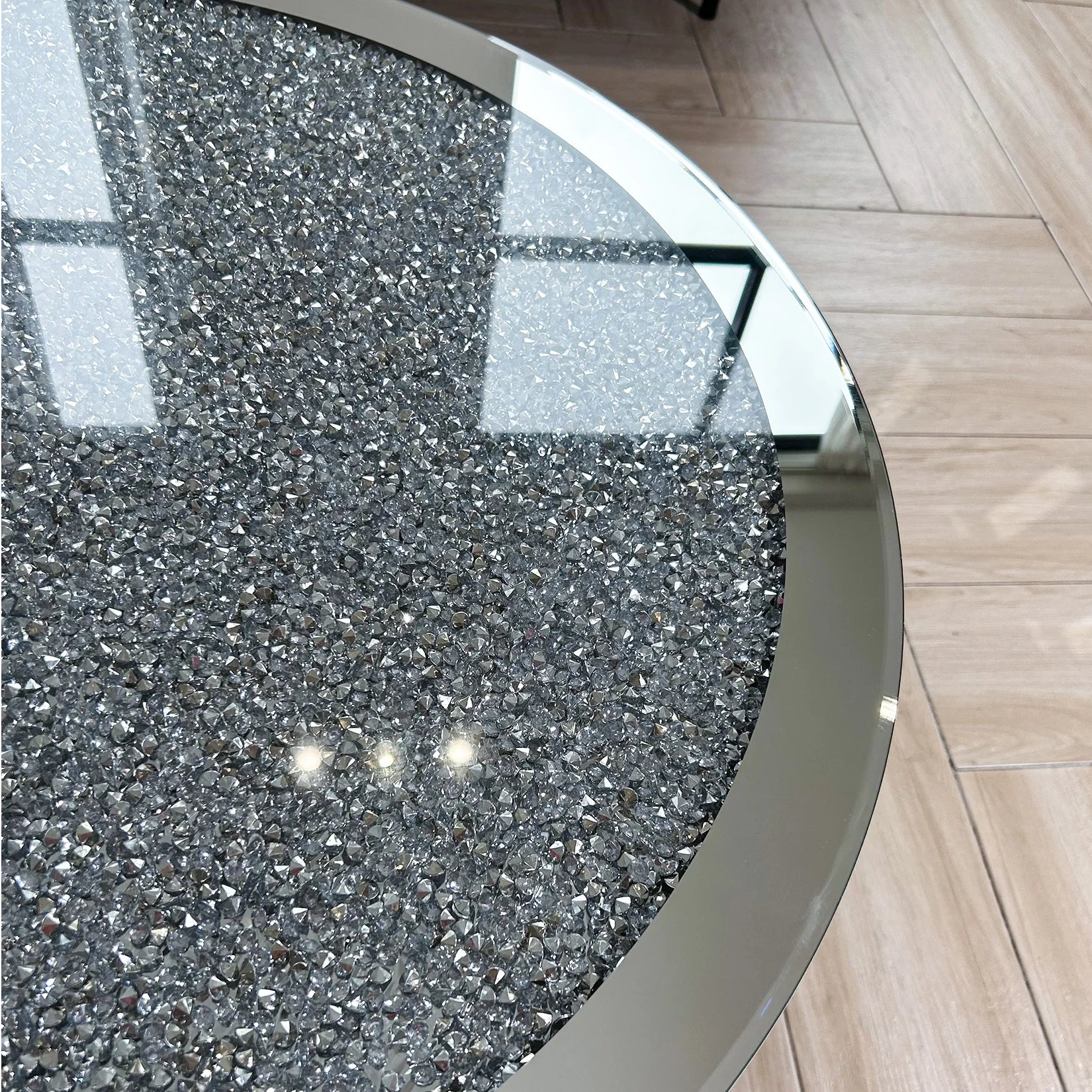 Mirrored Coffee Table with Crystal Inlay, 31.5'' Mirror Surface, Silver Accent