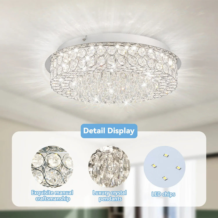 Crystal ceiling light fixture with close-up details on a neutral background