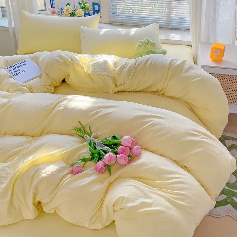 Solid Bed Linen Cotton Bedding Set 4pcs with Sheet Duvet Cover, Pillowcases.