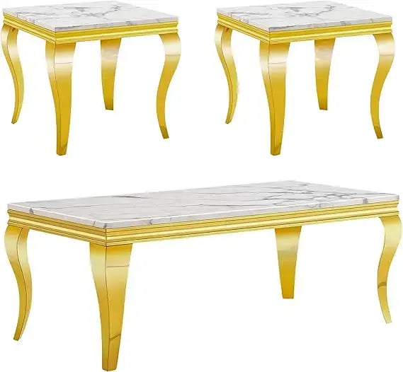 Elegant coffee table set of 3 with gold legs and marble tops, perfect for modern decor and everyday use.