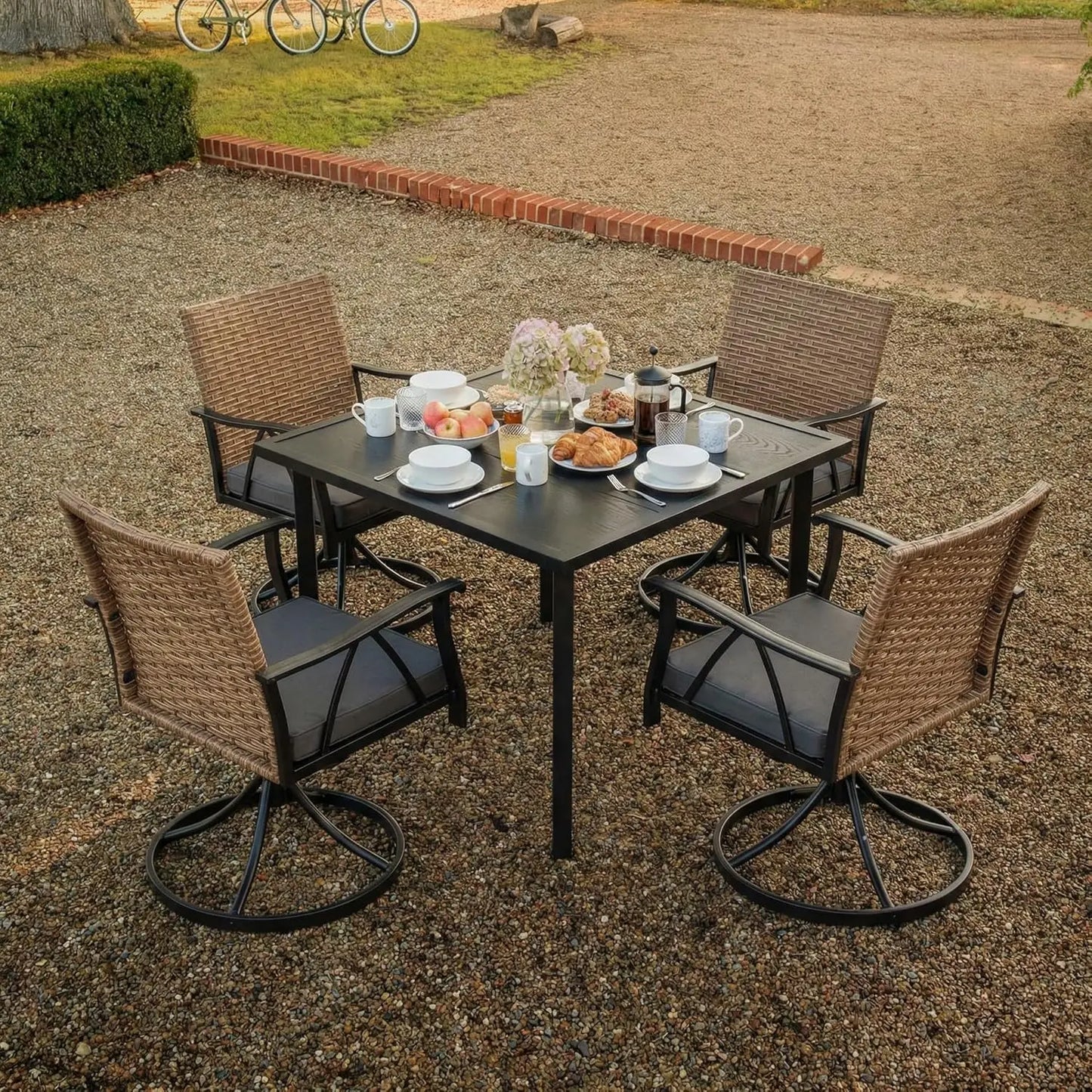 5-Piece Outdoor Patio Dining Set | Wicker Swivel Chairs with Cushions & Umbrella-Ready Table