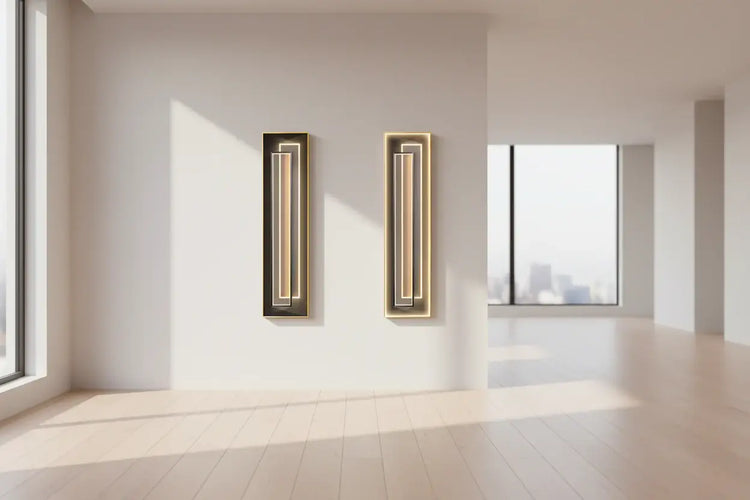 Modern LED Creative Mural Light | Vertical Art Deco Hanging Lamp illuminating a minimalist interior wall space.