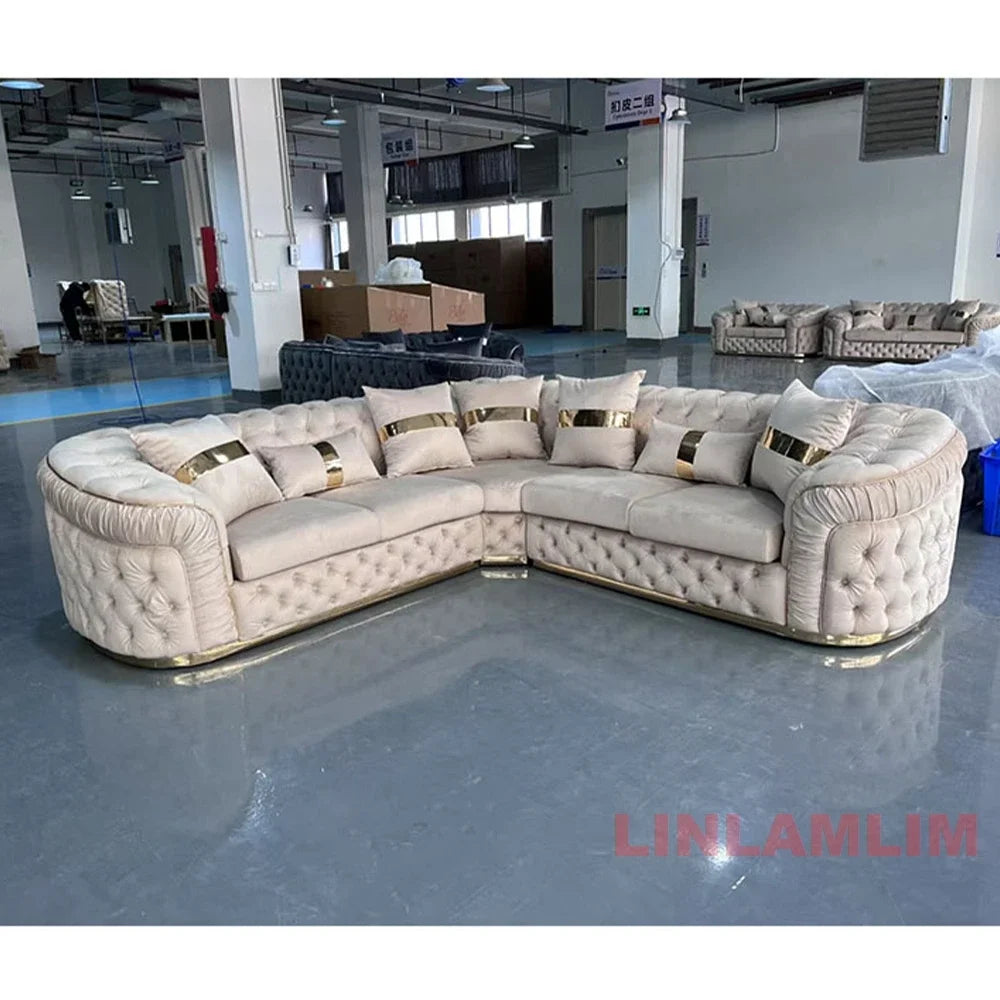 Luxury Chesterfield Sectional Sofa Set with Cloth Buttons and Fabric Modular Couch with Gold Stainless Steel Base, 3-seater Sofa