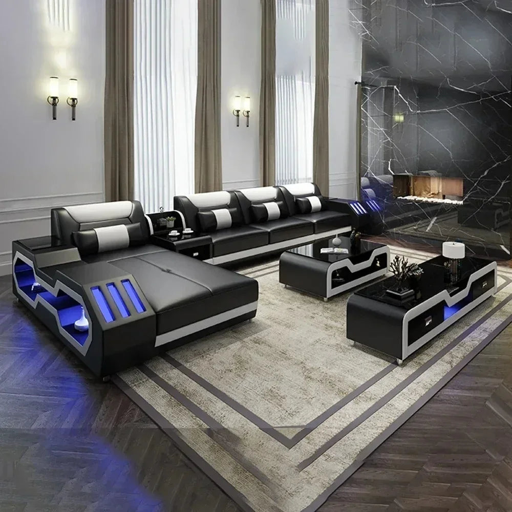 Modern black and white sectional sofa with LED lighting in a stylish living room.