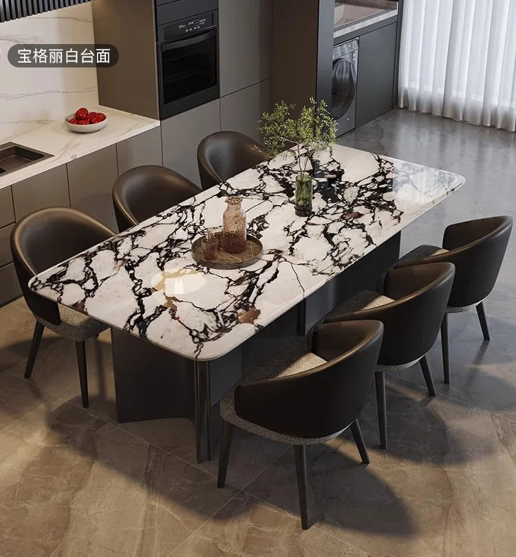 Italian Marble Dining Set featuring a luxurious rectangular table and stylish chairs in a modern kitchen.