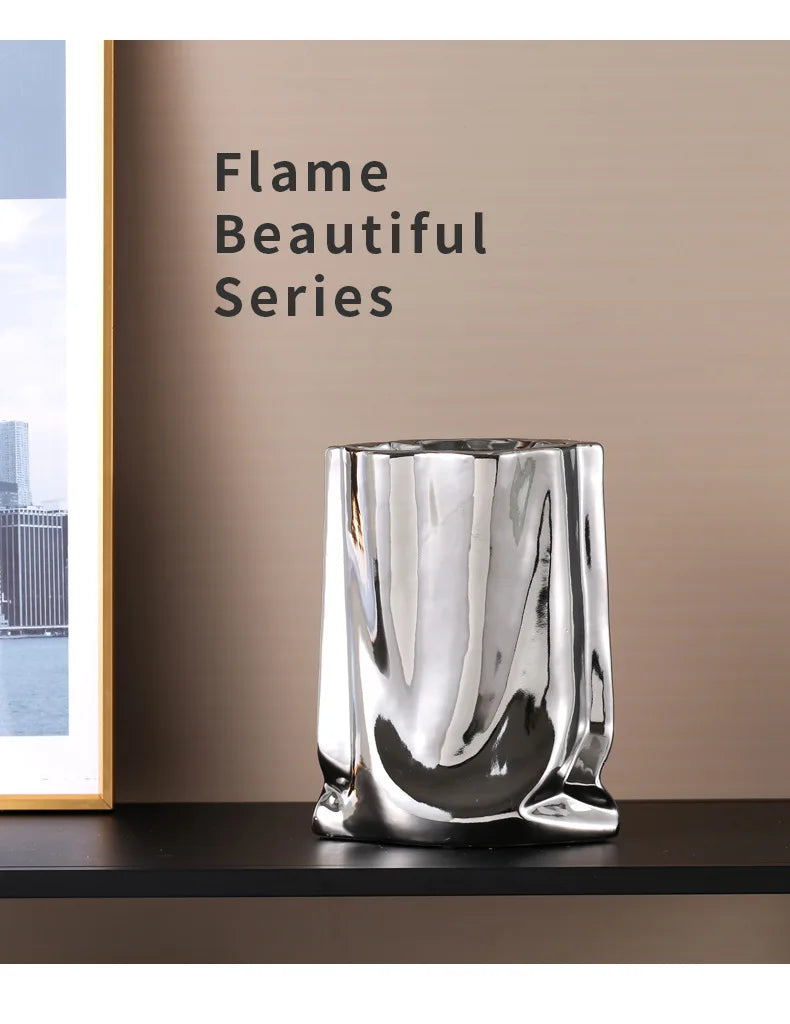 Silver Ruffled Flower Vase Porcelain Ceramic
