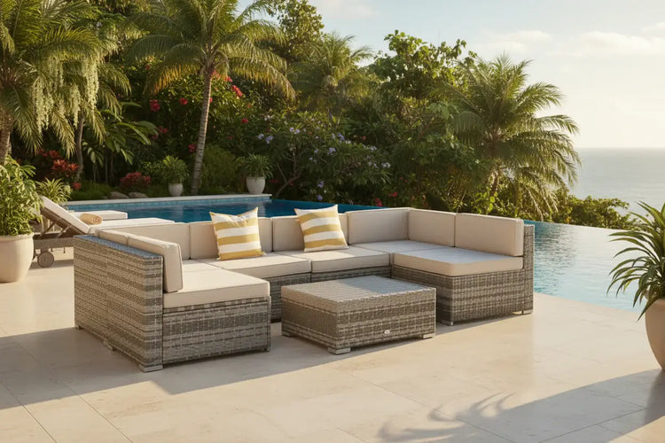 Gray outdoor sectional sofa with beige cushions on a white background