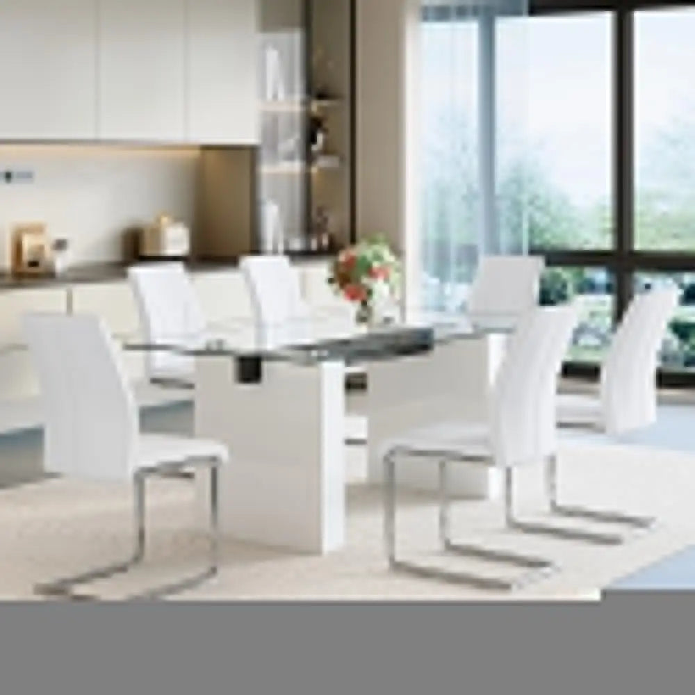 71" Glass Dining Table Set for 6 | Modern PU Leather Chairs | Multiple Color Options