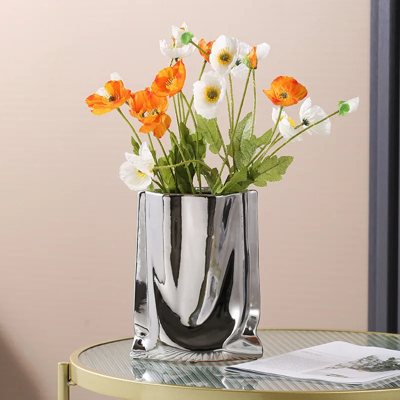 Silver Ruffled Flower Vase Porcelain Ceramic