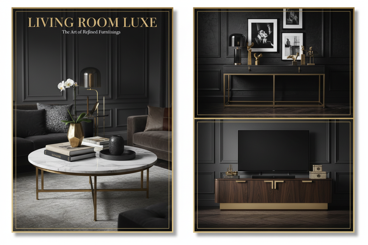 Luxury coffee table and console table collection styled in an elegant living room setting.